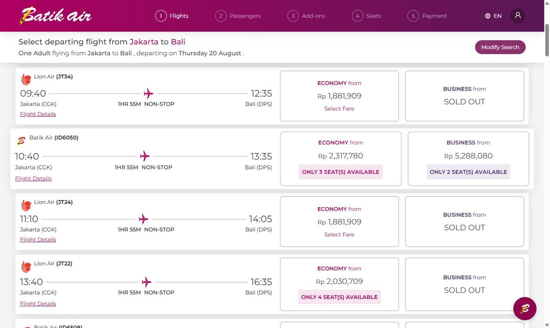 Результаты: рейс Batik Air ID6050 Джакарта (CGK) 10:40 → Бали (DPS) 13:35 на Airbus A320, классы Эконом (тариф Flexi) и Бизнес; выбор тарифа с нормой багажа