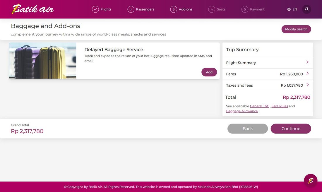 Шаг «Baggage and Add-ons»: докуп доп. услуг (напр. Delayed Baggage Service) и выбор места; в тарифе Flexi уже включён багаж 20 кг