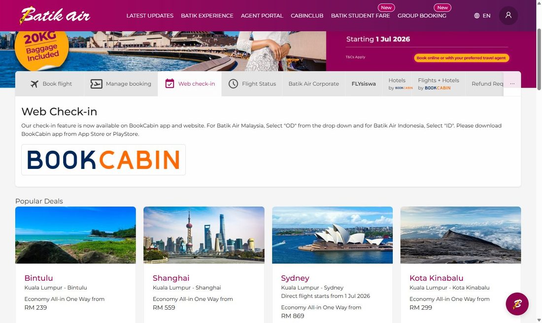 Онлайн-регистрация Batik Air идёт через сервис BookCabin (приложение и сайт): в выпадающем списке для Batik Air Индонезия выбирают код «ID» (для Batik Air Malaysia — «OD»)